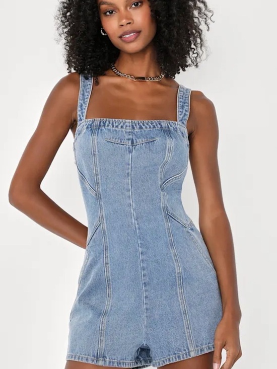 Stitch And Feather Dresses & Skirts - Light Blue Denim Mini Dress Romper - Women’s Square-Neck Playsuit